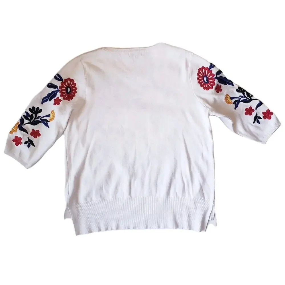 TYLER BOE Womens Large Sweater Pullover EMBROIDERED Floral White Lightweight - Picture 9 of 10
